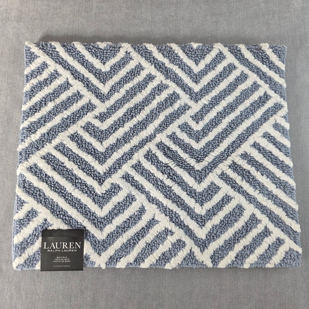 NWT Lauren Ralph Lauren Bath Rug Unisex 21x34 Blue Geometric Chevron Cotton